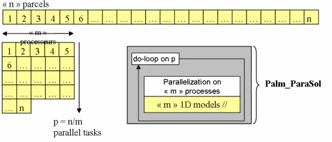 Figure 12 Principe d'une parallélisation de Stics proposée par Palm Parasol: approche  par pool de processus: accélération des calculs d'un facteur m, m dépendant du  nombre de processeurs disponibles sur la machine (figure préparée par Thierry Morel,  