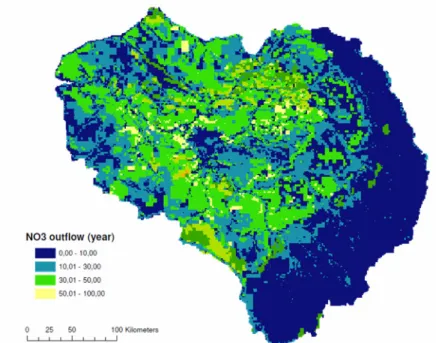 Figure 4 Durée nécessaire à un polluant passif (de type nitrate) pour traverser la zone  non saturée sur le bassin de la Seine simulée par la nouvelle version du module non 