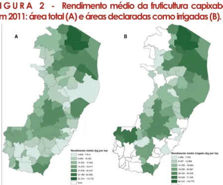 FIGURA 3 - Rendimento médio da fruticultura capixaba em  2016: área total (A) e áreas declaradas como irrigadas (B)