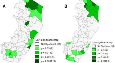 FIGURA 7 - Mapa de significância de produtividade da  fruticultura no Espírito Santo em 2016: área total (A) e áreas  declaradas como irrigadas (B).