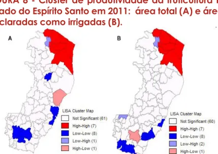FIGURA 8 - Cluster de produtividade da fruticultura no  Estado do Espírito Santo em 2011:  área total (A) e áreas  declaradas como irrigadas (B).
