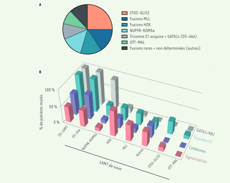 Figure 1. Anomalies génétiques les plus récurrentes des LAM7 pédiatriques de novo. A. Répartition des oncogènes de fusions les plus fréquents dans  les LAM7 de novo