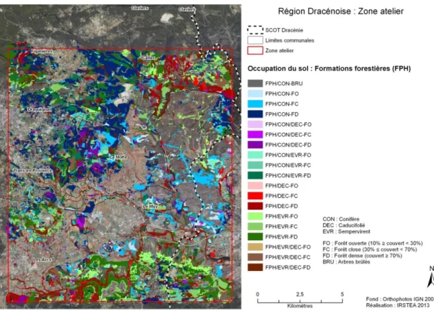 Figure 5. Cartographie fine de la zone de la Dracénie pour les formations forestières (niveau 4 de la typologie)  La matrice de confusion (Tableau 2) réalisée entre la cartographie fine et les relevés d’habitat de  terrain selon la typologie EBONE indique 