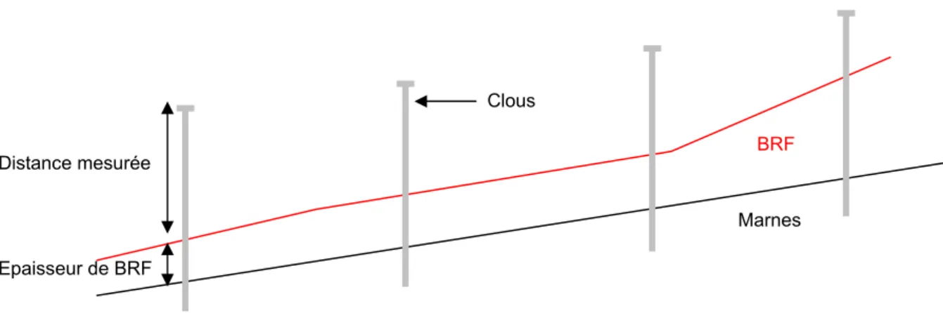 Figure n° 8 - Schéma du dispositif d’étude du profil en long du BRF Clous Distance mesurée Epaisseur de BRF   BRF  Marnes ¾ Suivis : • Maintien du BRF 