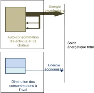 Figure 6 : Economies énergétiques (Solagro, 2001) Energie excédentaire Auto-consommation d’électricité et de chaleur Energie économisée Diminution des consommations à l’aval Solde  énergétique total 