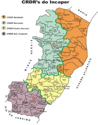 Figura 1 – Abrangência dos Centros Regionais de Desenvolvimento Rural do Incaper.