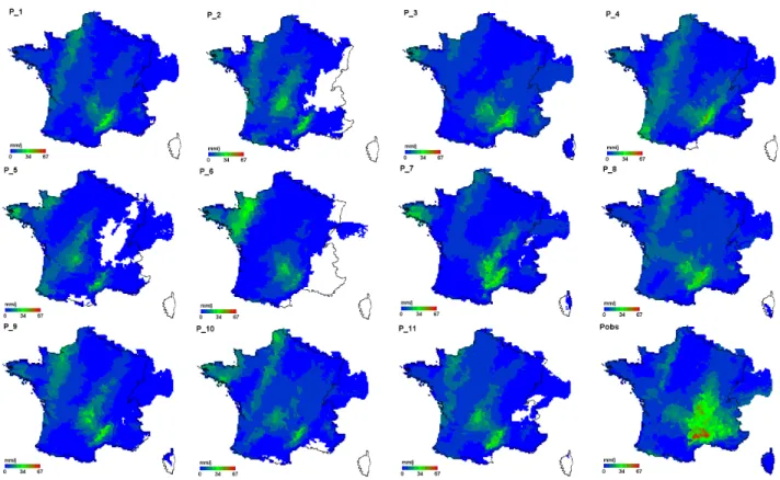 Figure 4 : Pluies journalières d'ensemble prévues par la PEARP sur la France   pour le 31 octobre 2005 à deux jours d'échéance (11 scénarios : P1 à P11)