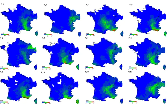 Figure 3 : Pluies journalières d'ensemble prévues par la PEARP sur la France   pour le 16 avril 2005 à deux jours d'échéance (11 scénarios : P1 à P11)