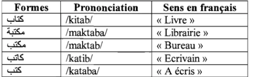 Tableau  IV  : Illustration  de  quelques  formes  dérivées de  la  racine  arabe  y  ~ ~ 