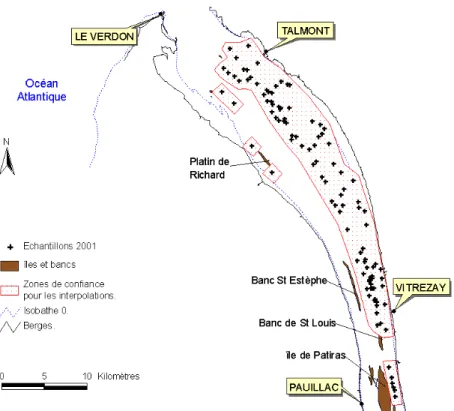 Figure 13 : Localisation des échantillons réalisés à la benne Shipeck au cours de la campagne Benthos 2001
