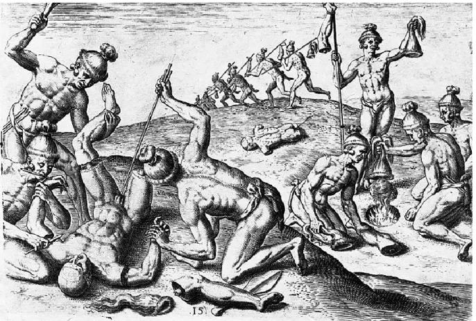 Figure 1.  Théodore de Bry d’après les dessins de Charles LeMoyne. How Outina’s  Men Treated the Slain of the Enemy