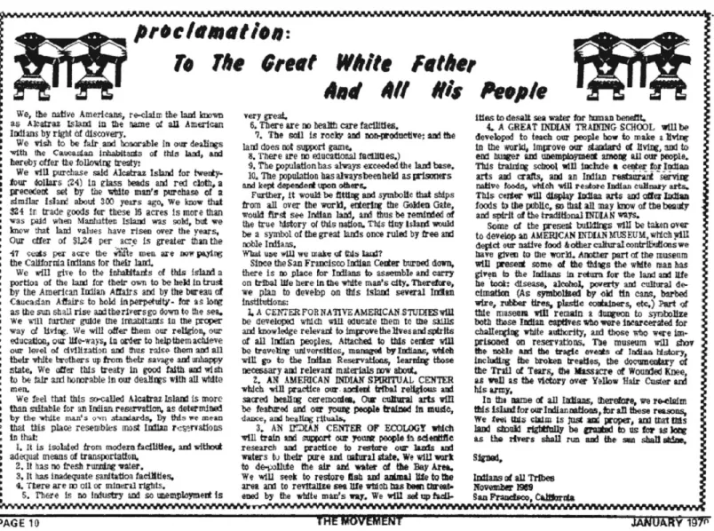 Figure 6.  La Proclamation d’Alcatraz dans son entièreté. Publiée par le journal The  Movement en janvier 1970
