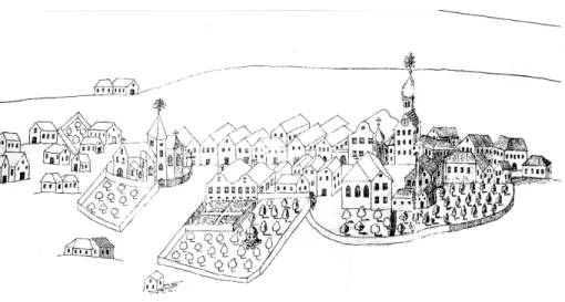 Fig. 3. La ville de Przibram, en  1881  (croquis  par  Jacques  de  Morgan,  dans  son  Journal  de  voyage, 1881).