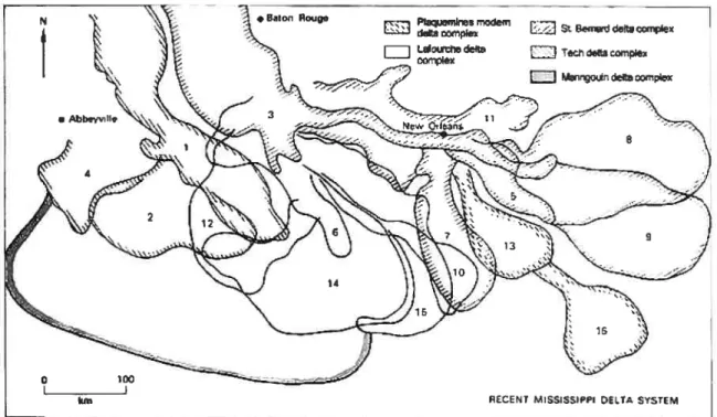 Figure 1.6. Le delta actuel du Mississippi a été précédé d’une série de delta de ‘haut-fond’ qui ont progradé à travers une plate-forme peu profonde