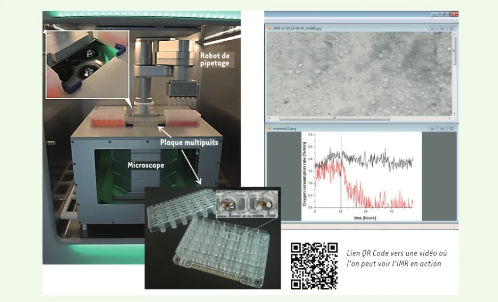 Figure 3. Plateforme IMR. En haut à gauche : plateforme d’analyse « intelligent microplate reader » (IMR) avec robot de pipetage, plaque de  capteurs et microscope inversé à processus d’imagerie automatique [11]