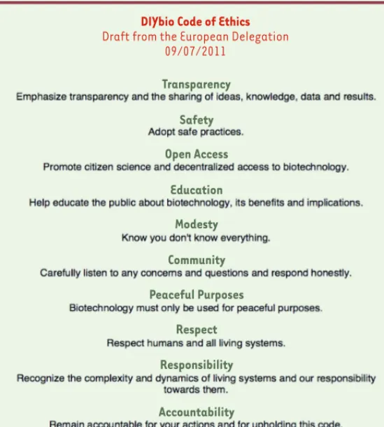 Figure 1. La charte éthique du DIYbio, élaborée à la suite d’une réunion qui s’est  tenue en mai 2011 à Londres (source : © DIYbio.org).