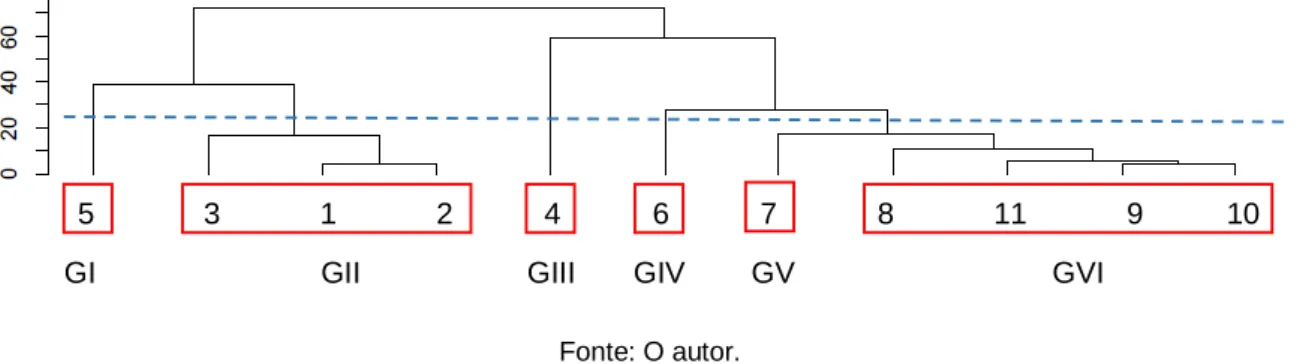 Figura 1 – Dendrograma de dissimilaridade genética entre 11 acessos de araçá-una obtido pelo  método hierárquico de ligação média entre grupos (UPGMA), com base em sete descritores 