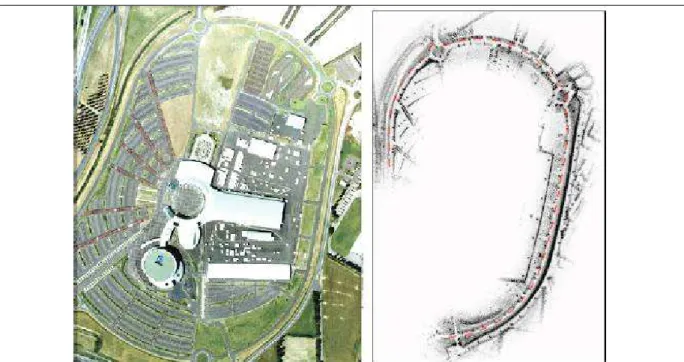 Figure  8.  Vue  aérienne  et  résultat  de  l’approche  « Radar-Only  Localization  And  Mapping »  (ROLAM)