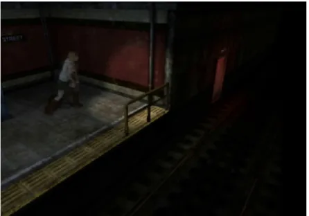 Fig. 3 La porte rouge de la station Hazel Street dans Silent Hill 3 