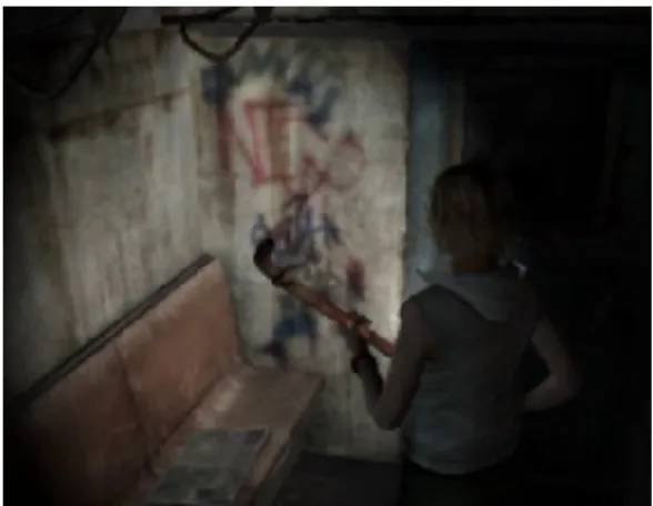 Fig. 8 Graffitis dans le métro de Silent Hill 3 