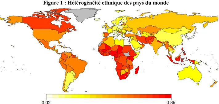 Figure 1 : Hétérogénéité ethnique des pays du monde 