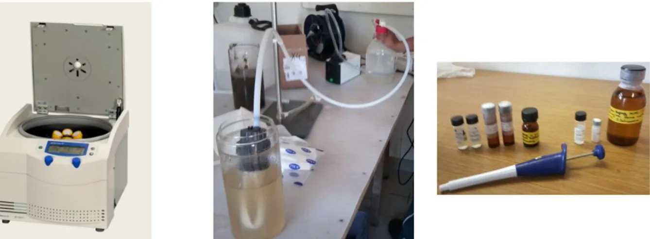 Figure 2 : Photographies des étapes de prétraitement des échantillons de boues sur site, (a)  centrifugation et (b) filtration par module de filtration fibre creuse de marque Polymem 0,1 µm, et (c)  photographie de l’étape de dopage de la boue du pilote en