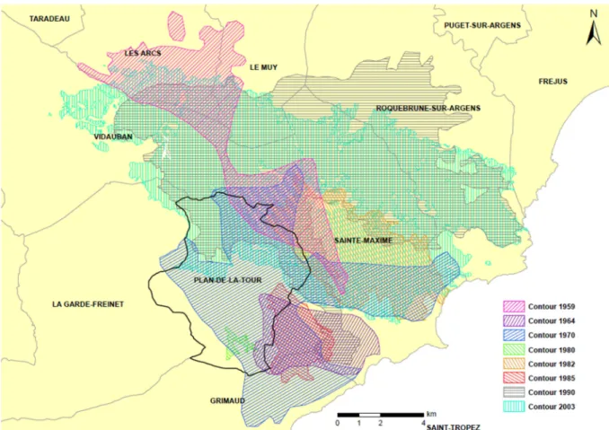 Fig 5 : Contours de feux ayant touché la commune du Plan-de-la-Tour avec une surface supérieure à  50 hectares 