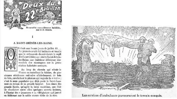 Figure 4. Première page du roman Deux du 22 e  Bataillon et scène de guerre dans le  no man’s land à la page 105