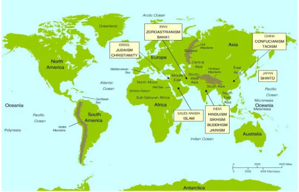 Figure 1-  Douze religions du monde selon les régions géopolitiques où elles sont nées