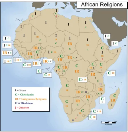 Figure 8 - Carte représentant la présence des trois principales religions africaines (RTA,  islam et christianisme) par pays et de certaines religions plus minoritaires  