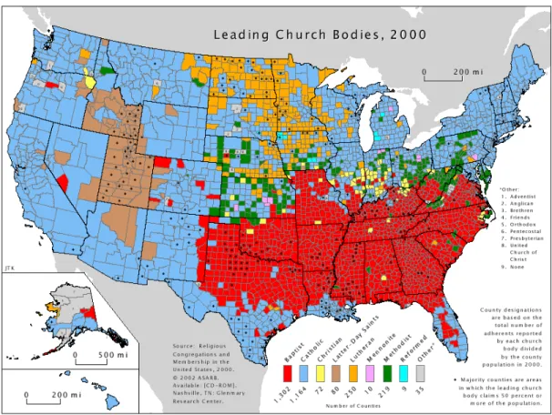 Figure 9 - L'étendue territoriale des principales églises chrétiennes aux États-Unis 