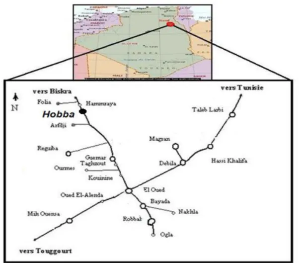 Figure 23: Situation géographique de la wilaya du Souf (D.S.A El Oued, 2000) modifié par  (BEGGAT et AMMARI en 2018) 