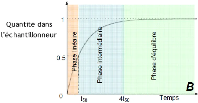 Figure 1 : quantité de micropolluants accumulés dans un échantillonneur passif.  t 50  est la durée  nécessaire pour accumuler 50 % de sa capacité maximale et 4t 50  la durée pour atteindre l’équilibre  