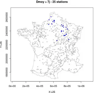 Figure 8     : Localisation des 25 stations pour lesquelles   Dmoy   est supérieur à 7 jours