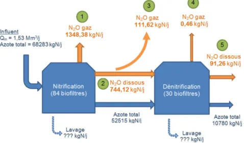Figure  5 :  détail  des  flux  d’azote  (NGL)  et  de  N 2 O  dans  la  filière  nitrification-dénitrification  durant  une  journée moyenne de la campagne hivernale