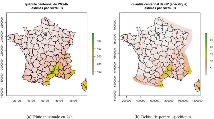 Figure 1  Cartographie des quantiles centennaux (pluie maximale en 24h et débit de pointe spécique) proposés par SHYREG (résolution 1 km 2 ).