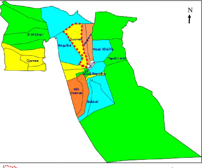 Figure   9 :  Carte administratif  représente la zone du Guemar dans la wilya d’El-Oued  (modifiée par AYATI et KORICHI, 2017) 