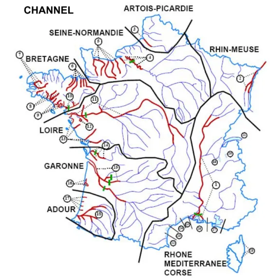 Figure FR. 1 Inland waters in France (eel fisheries in red; tidal limits in green). The  numbers correspond to the list of fishing zones in Table FR