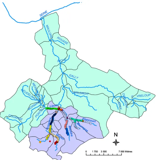 Figure 1- Localisation des relevés cartographiques sur les sous bassins versants de la &#34;Mauldre amont&#34; 