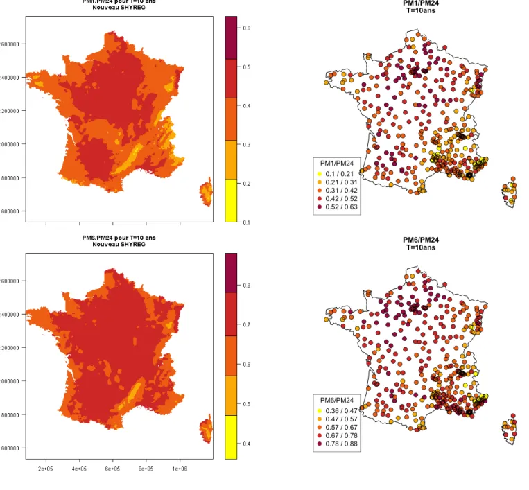 Fig. 10  Cartographie des rapports PM1/PM24 et PM6/PM24 décennaux issus de SHYREG (à gauche) et des observations (à droite).