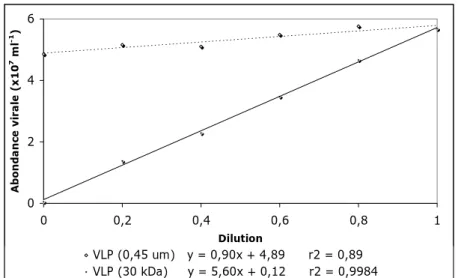 Figure 10 : Abondance des particules virales en fonction des dilutions pour les fractions filtrées à  travers 0,45 μm ou 30 kDa au cours de l’expérience du mois de février 