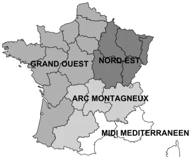 Figure 2 : Découpage de la France proposé pour des comptes régionalisés de la forêt  française : comptes de la ressource par région administrative ; comptes intégrés dans  quatre inter-régions 