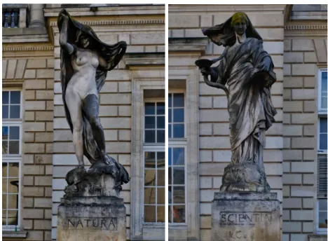 Figure 9 – Sculptures (mal entretenues) ornant le parvis de la faculté de médecine  de Bordeaux ; à gauche Natura (Louis-Ernest Barrias), à droite Scientia (P.-J
