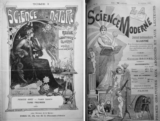 Figure 10 - Deux exemples de représentation de Scientia ; à gauche : Science, arts,  nature (1901) ; à droite : La Science moderne (1892)