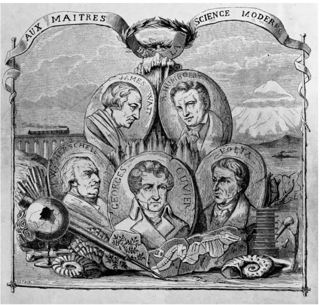 Figure 2 – Frontispice du Musée des sciences (1856). De haut en bas et de gauche à  droite : James Watt Humboldt, Herschell [sic], Cuvier, Volta
