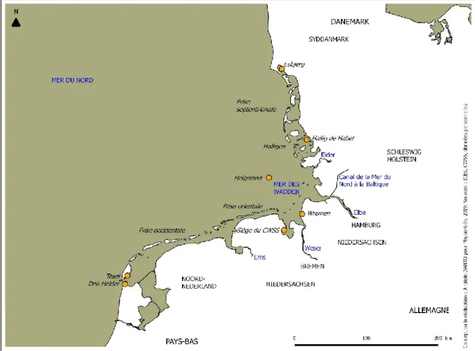 Figure 1 - Carte de localisation de la Mer des Wadden et des lieux cités dans l'article 