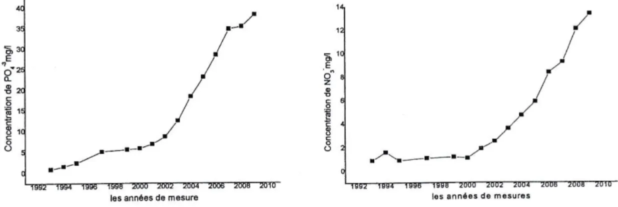 Figure  11,The  concentration  of nitrates  and  phosphates  in  the  sampling point  H1 (Laouini  ond  o/, 2009)6ÊI33 F3 6ê3E3 I 16s  aônéês  de  mê3urês