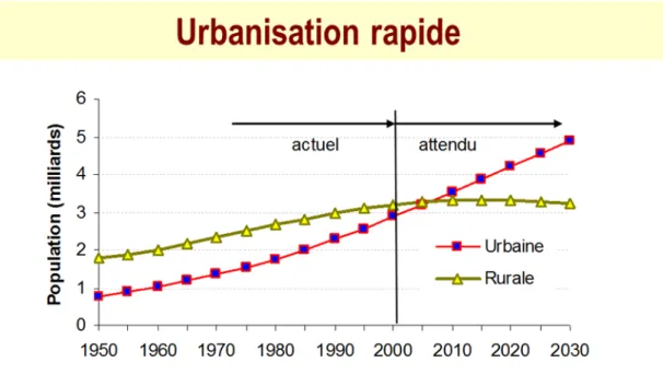 Figure 1.3. D’ici 30 ans, les deux tiers de la population mondiale sera urbaine (d’après United Nations,  World Population Prospect