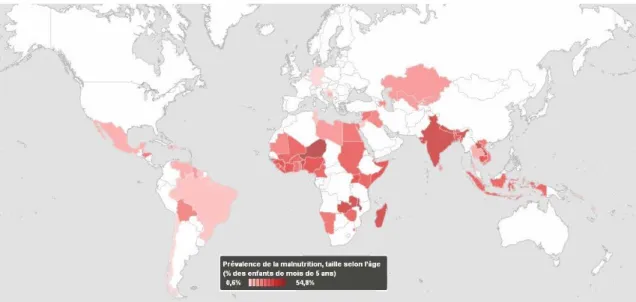 Figure 1.13. Prévalence de la malnutrition dans le monde en 2006-2010 : proportion (%) des enfants  de moins de 5 ans en retard de taille pour leur âge par rapport à la norme mondiale (stunting)