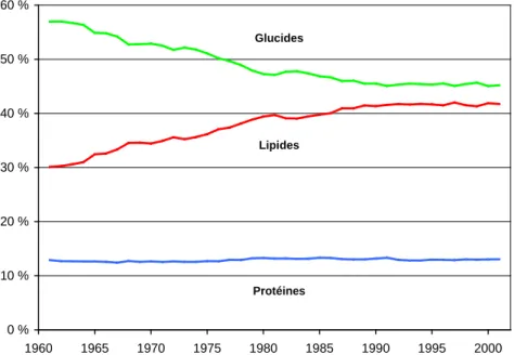 Figure 2.3. Évolution de la structure des apports énergétiques en France depuis 1961 (source :  Combris, 2006, d’après Organisation des Nations Unies pour l’alimentation et l’agriculture - STAT)